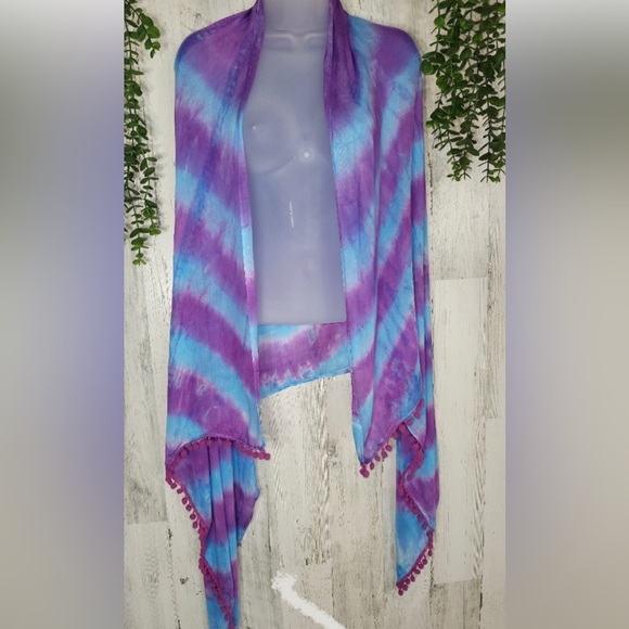NWT Gypsy 05 Tie Dye Pom Pom Edges Scarf/Sarong - Picture 3 of 8